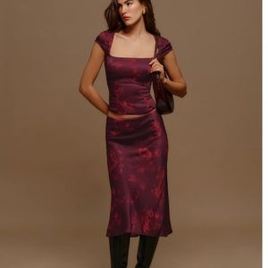 Reformation Cora top and Ella satin skirt